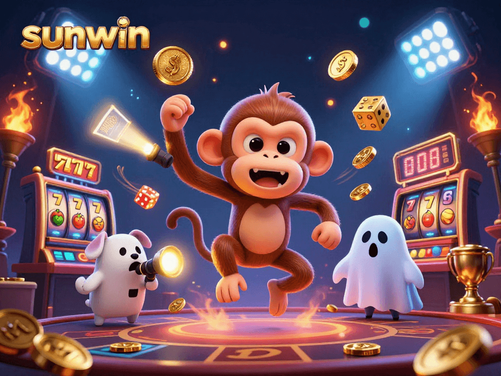 Bet and win at Sunwin with a lively scene featuring playful gaming elements and a curious ghost-hunter puppy.