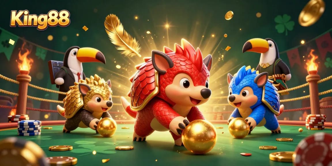 Experience King88's thrilling betting game with rival pangolins and vibrant casino elements.