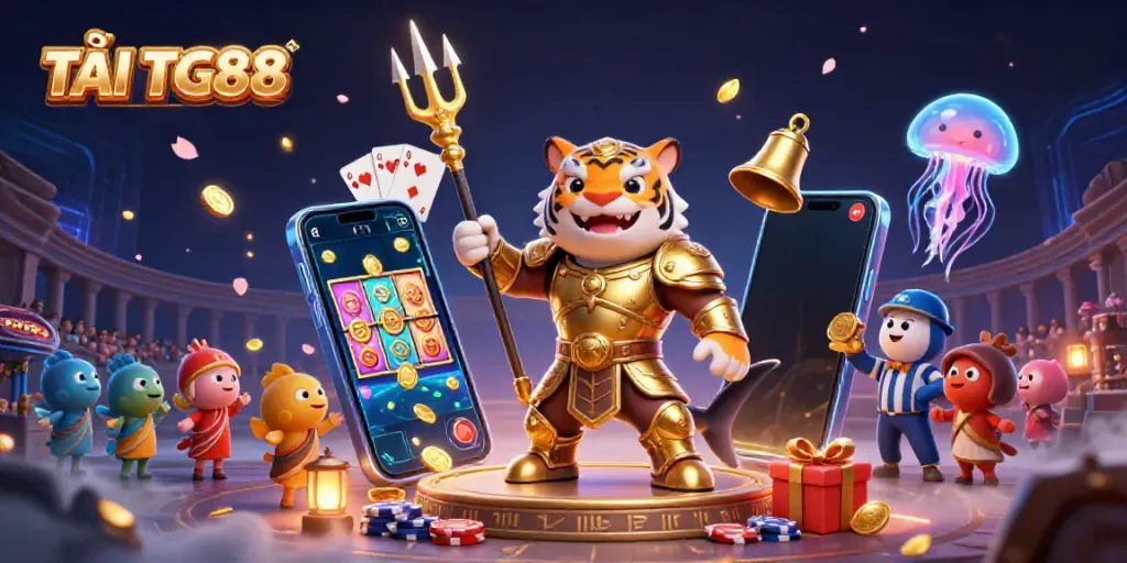 Engaging scene showcasing TẢI TG88 with a 3D cartoon tiger shark in armor, slot game elements, and vibrant action