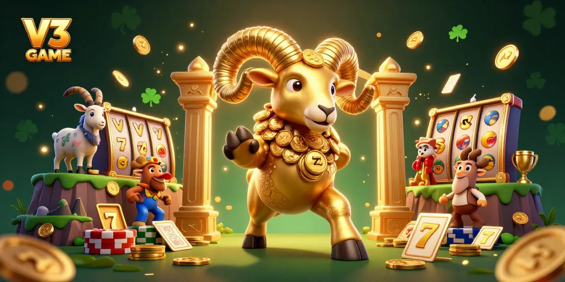 Engage in the thrilling world of V3 GAME with a vibrant slot-themed 3D illustration full of action.