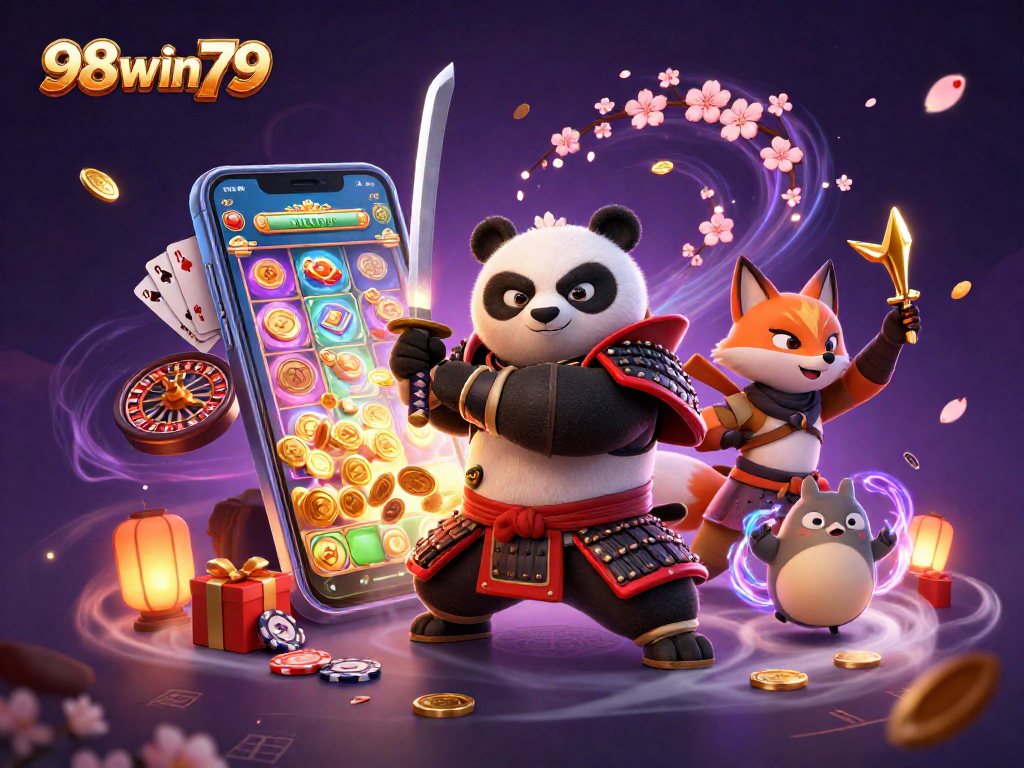 Experience thrilling gameplay at 98win79 with samurai panda, golden coins, and exciting slot games!