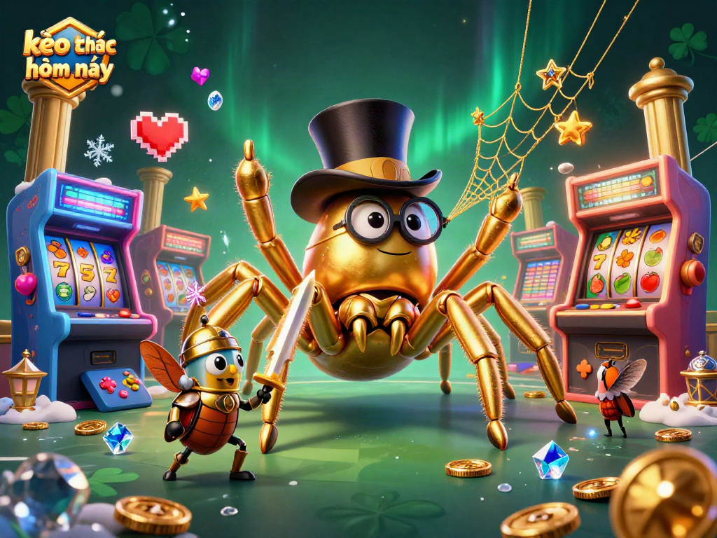 Engage with kèo nhà cái hôm nay as a golden tarantula weaves casino strategies in a vibrant 3D scene.