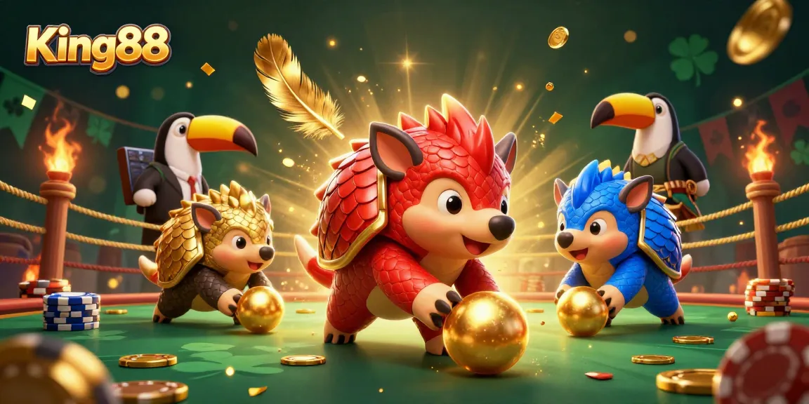 Experience King88's thrilling betting game with rival pangolins and vibrant casino elements.