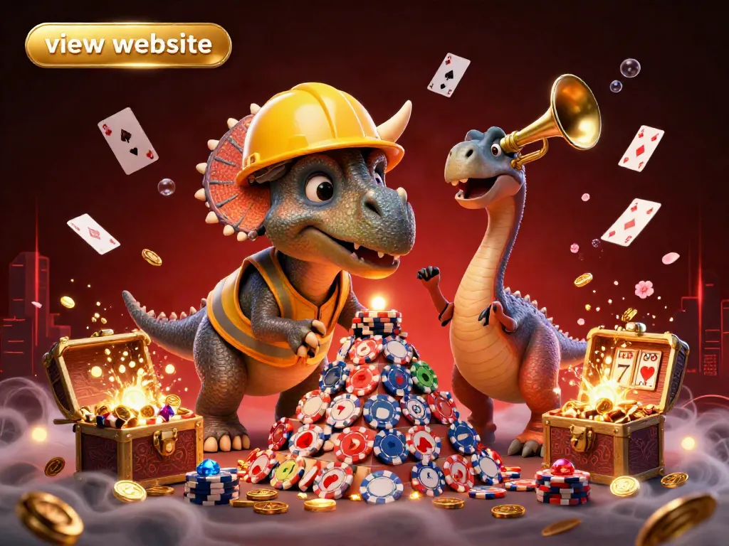 Experience the thrill of gambling with a lively 3D scene showcasing a dinosaur-themed casino, view website for exciting games.