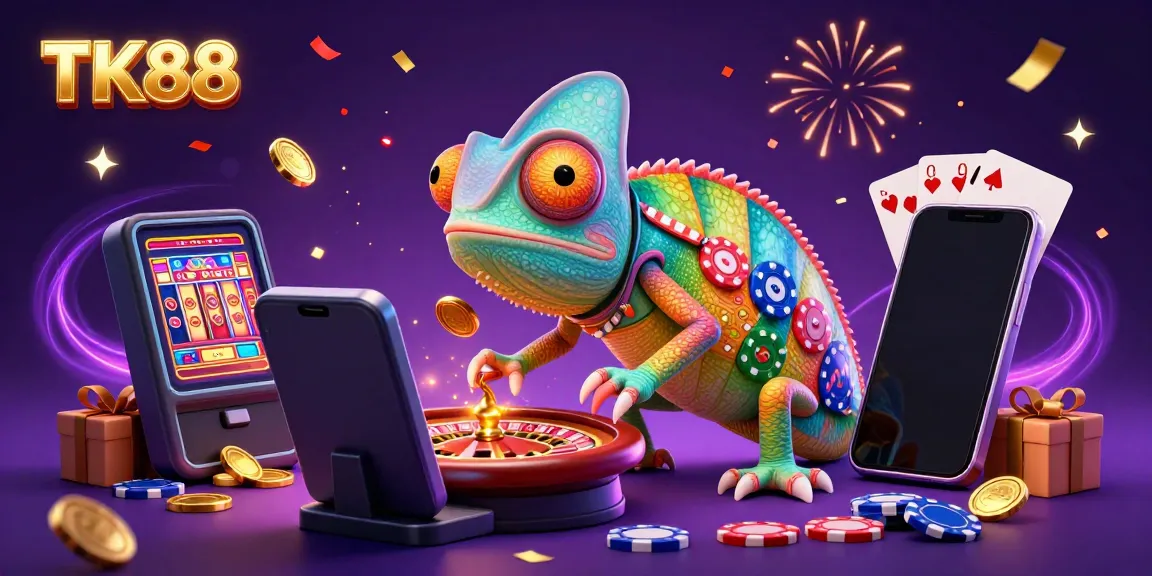 Experience the dynamic world of gaming at TK88 with a vibrant 3D casino illustration.
