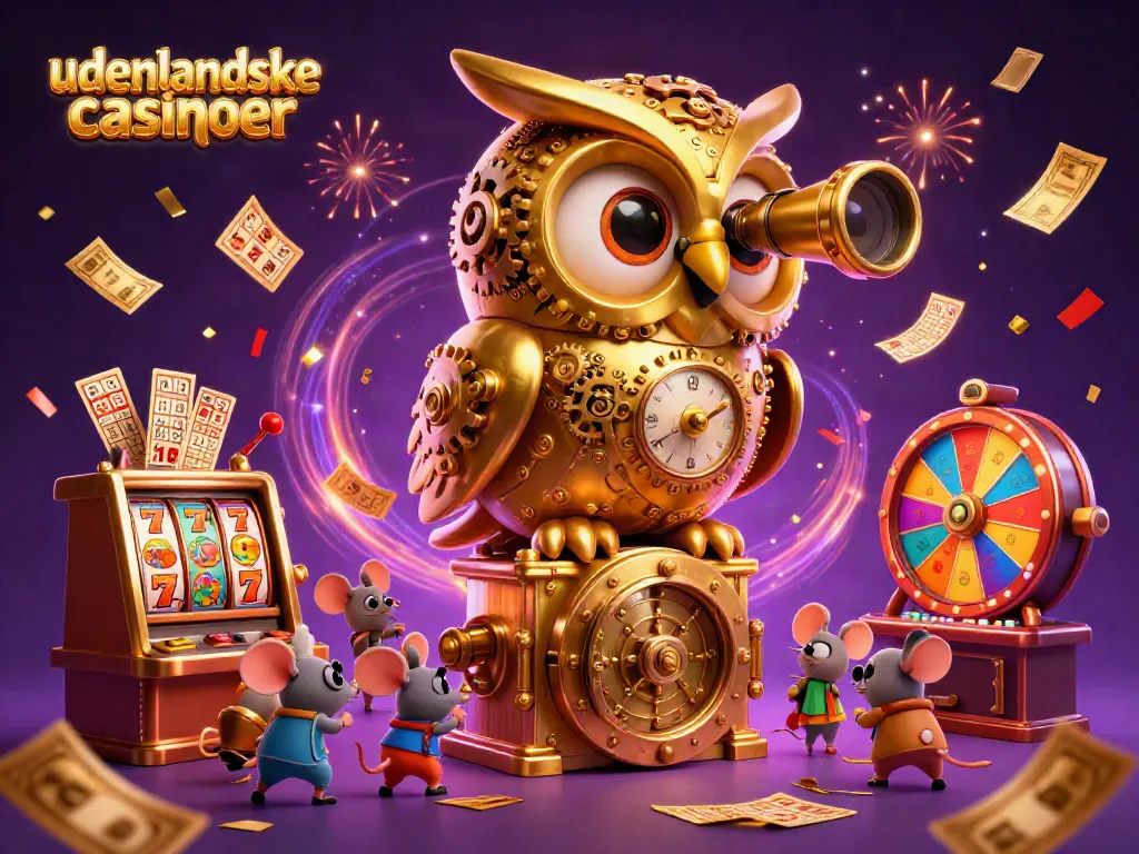 Experience the excitement of udenlandske casinoer with a dynamic illustration of a golden owl amidst slot machines and bursting prizes.