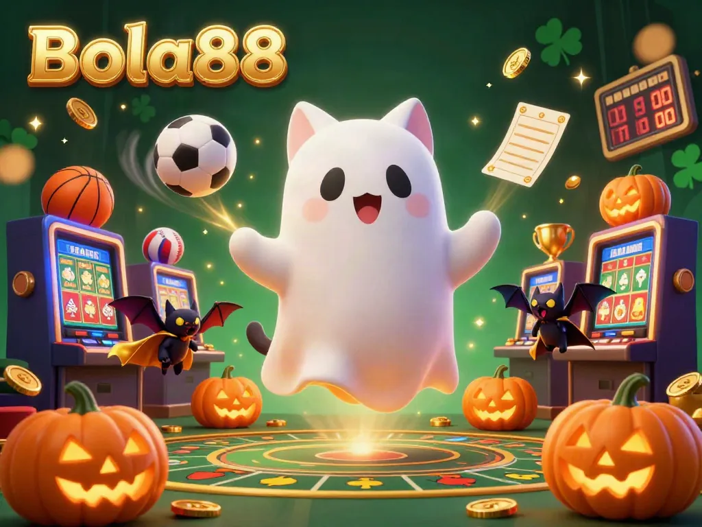 Bola88 energizes gamblers with a vibrant casino scene featuring a friendly ghost cat, dynamic sports balls, and glowing jack-o-lanterns.