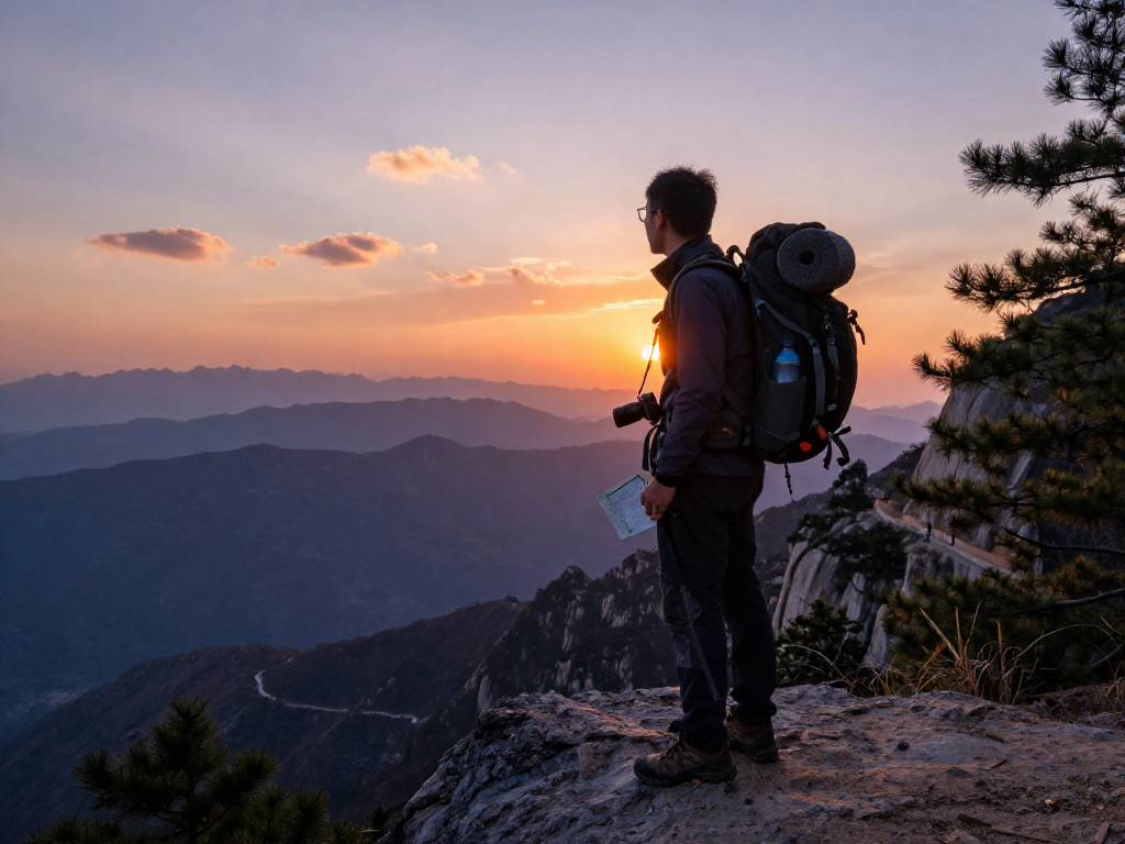 爱思登山旅行者在日落时分欣赏壮丽山景