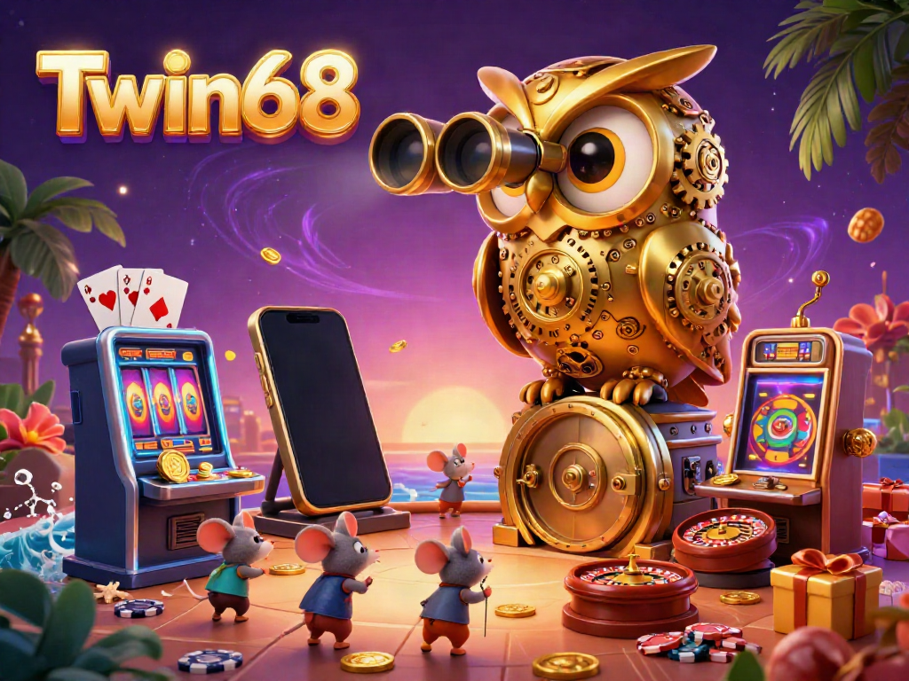 Twin68's spectacular 3D casino scene featuring a golden owl and vibrant games, inviting players to explore.