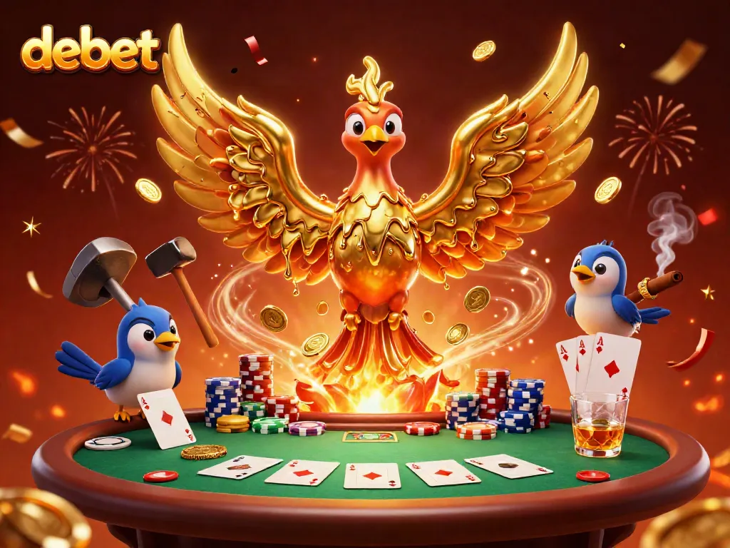 Experience the luxurious allure of Debet's gaming world, featuring golden phoenix and poker elements.