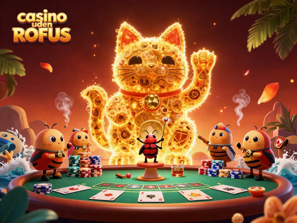 Experience vibrant casino action with casino uden ROFUS featuring a lucky cat and poker elements.