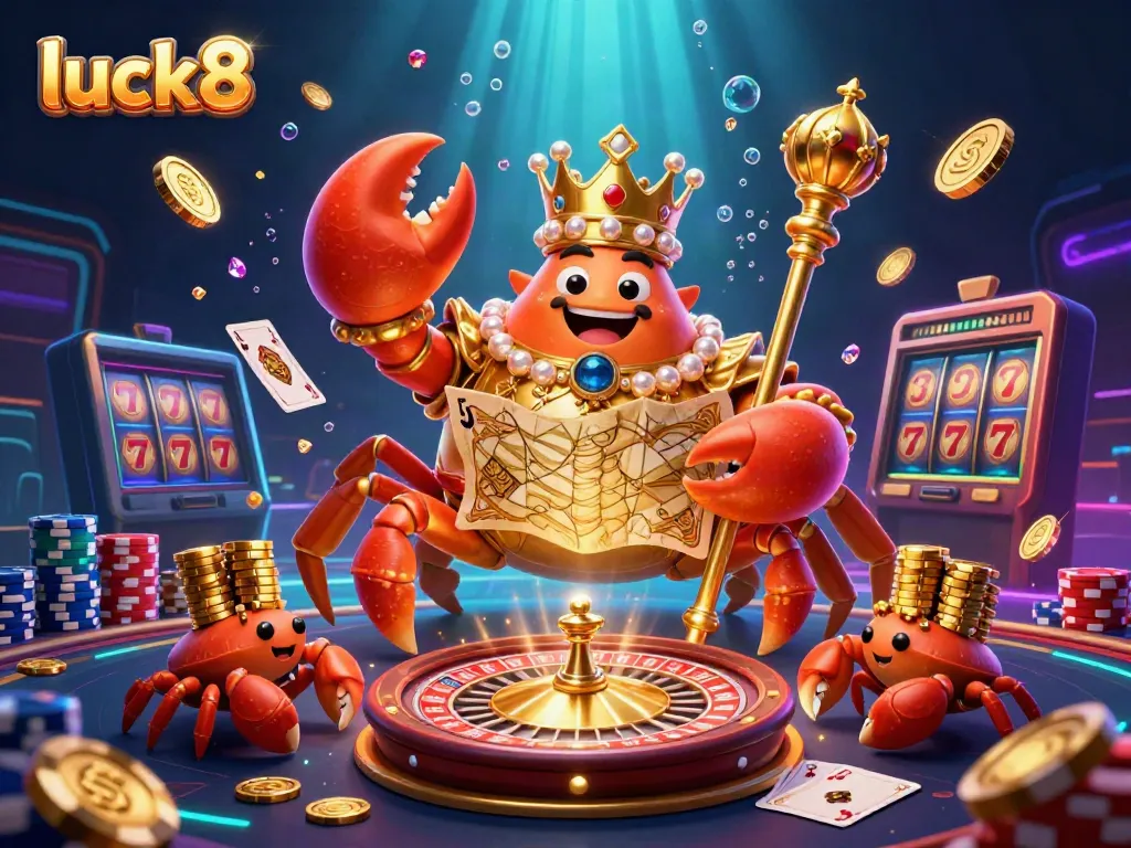 Engage with luck8's vibrant casino scene filled with golden coins, colorful poker chips, and 3D characters.