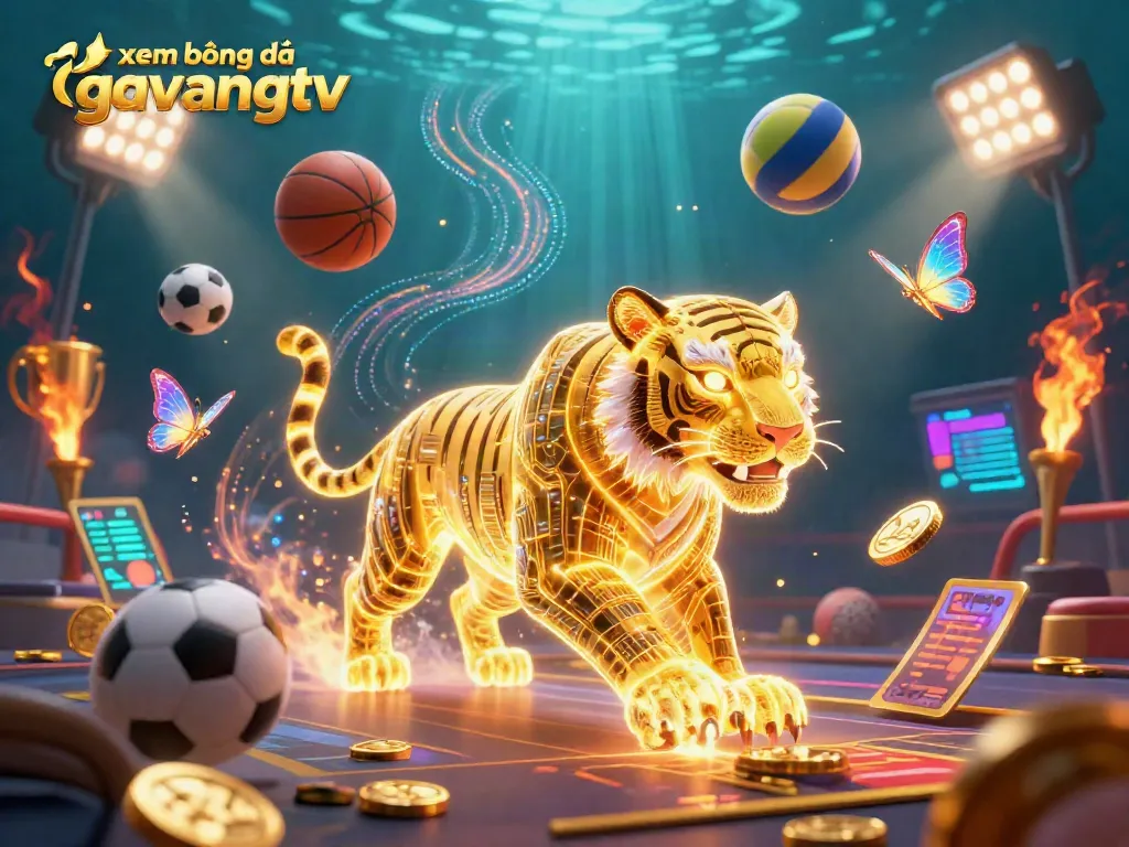 Xem bóng đá gavangtv in a vibrant digital casino scene with golden tiger and sports elements.