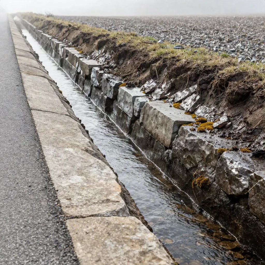 Dike med vatten som rinner bort längs stenfodrad vägkant och mossa i marknära vy.