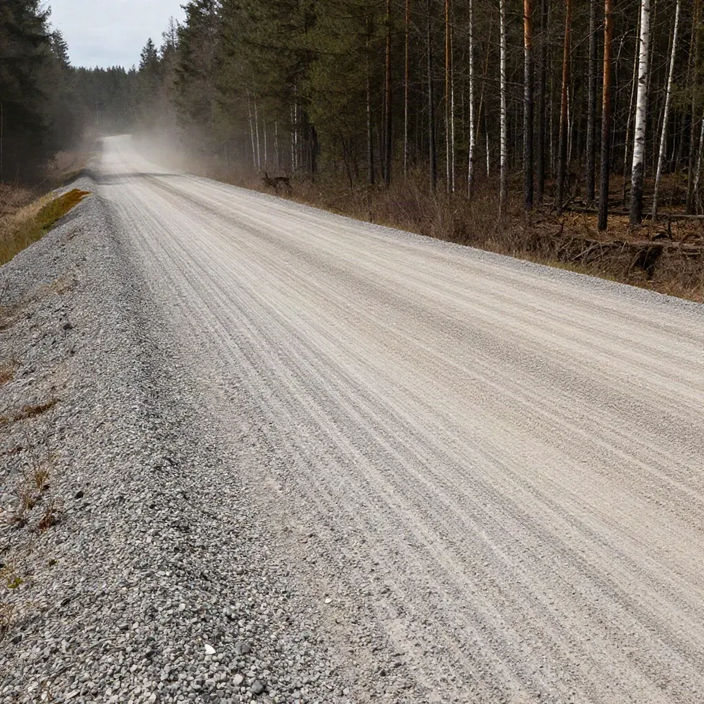 Nyanlagd grusväg med kompakta spår, färsk vägbank och grushög i mjukt kvällsljus.