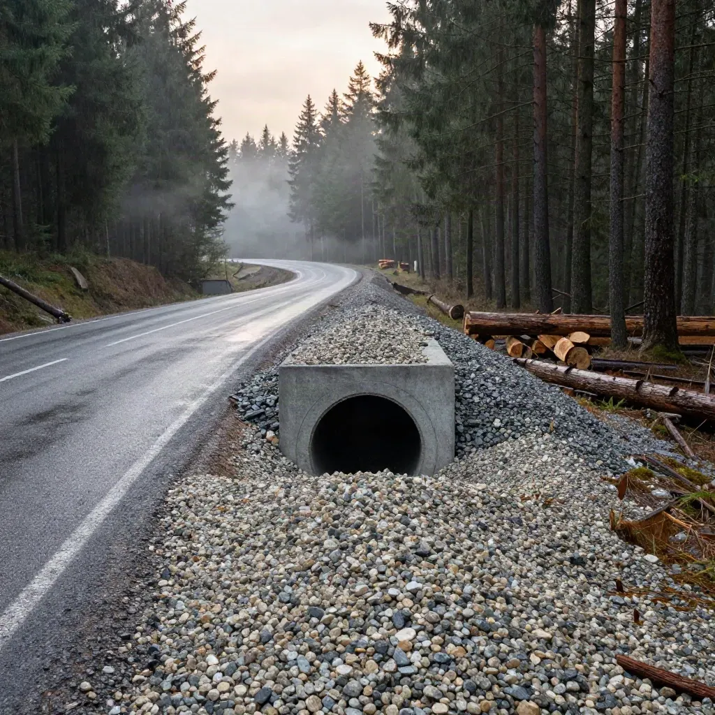 Nybyggd skogsväg med trumma, grus och dimma i gryningsljus.