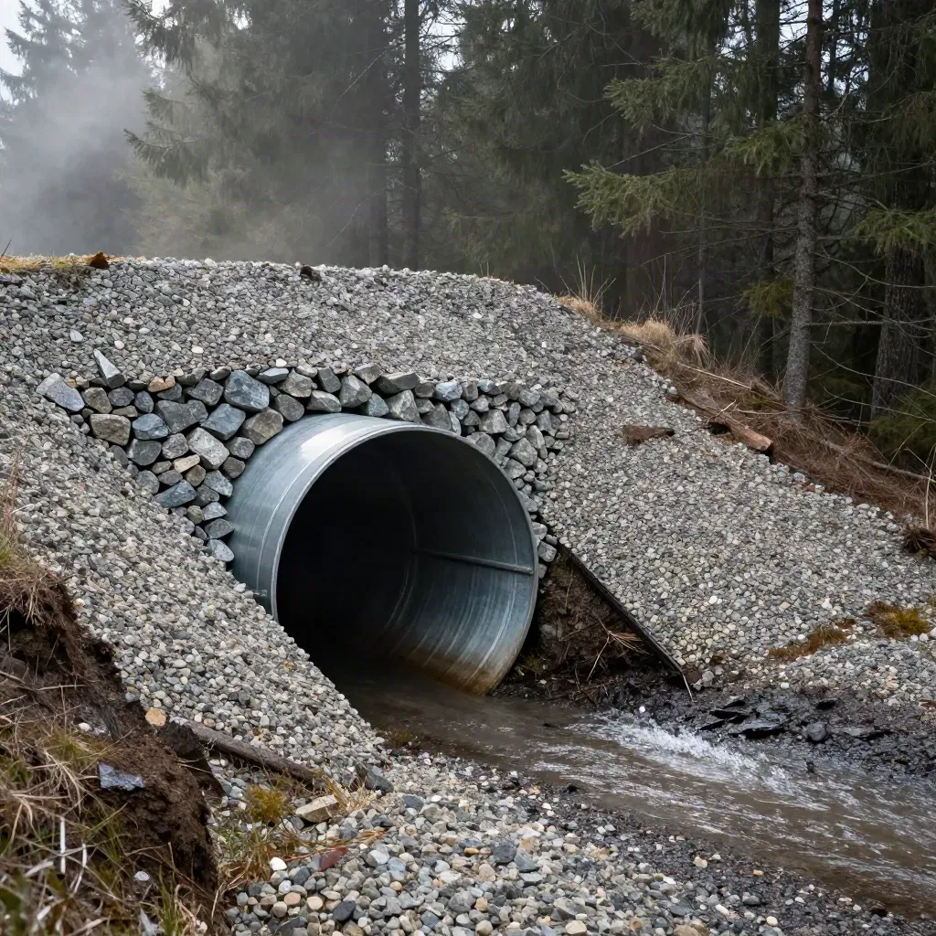 Kulvert under grusväg med stenskoning, våt jord och vatten som leds säkert genom vägbanken.