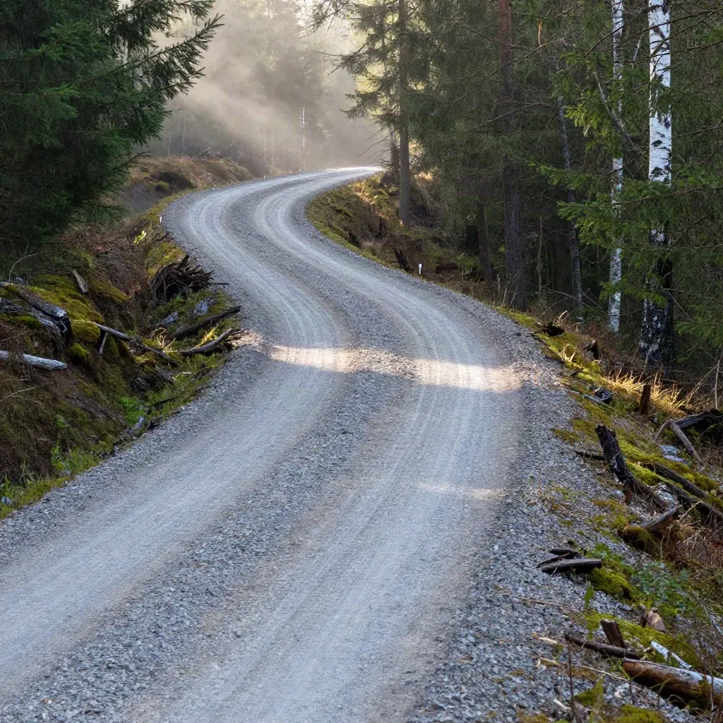 Skogsvägslinje med survey-pålar och grusad vändplats mellan gran och björk i morgondimma.