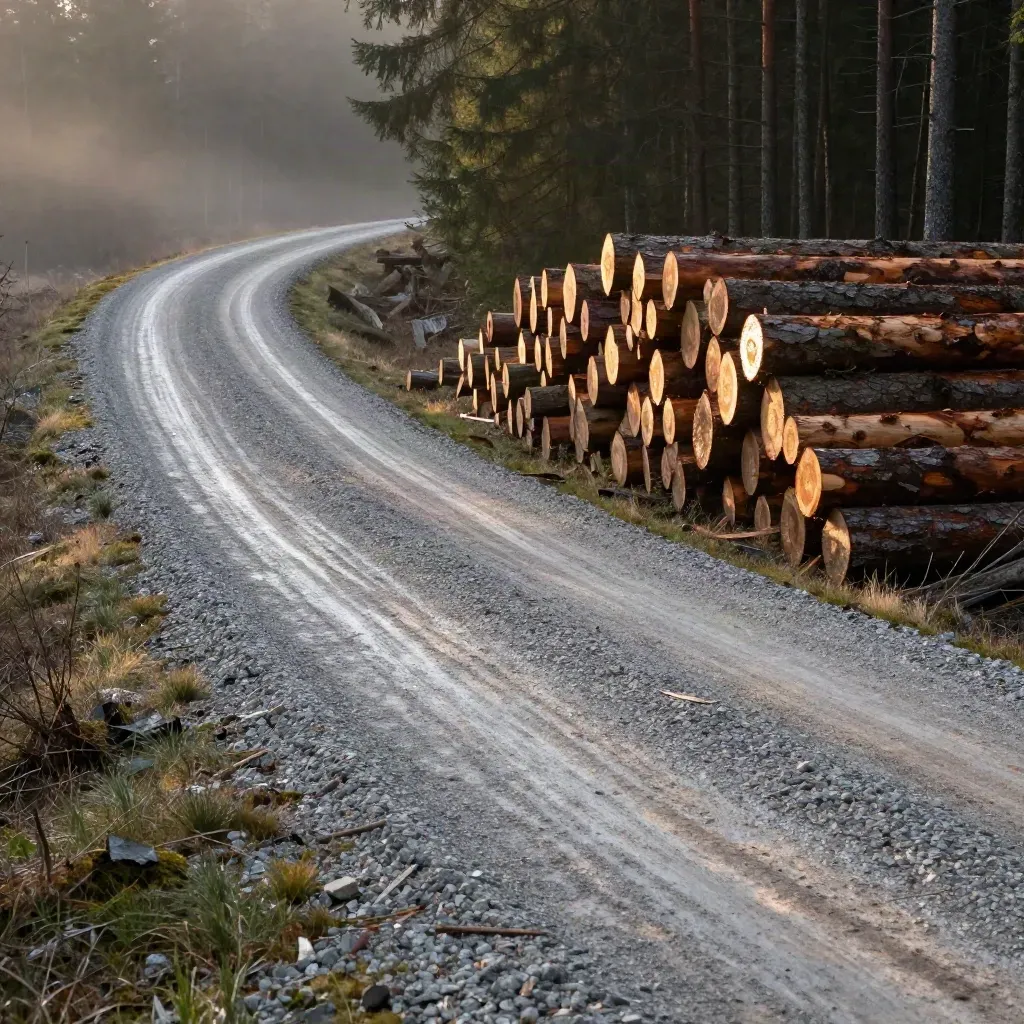 Timmerbilväg i gryningsdimma med grus, stockar och skog i lugn diagonal.