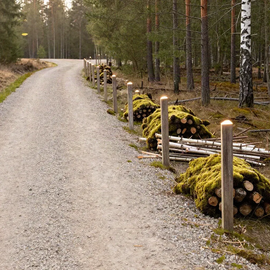 Vy över ny öppnad skogskorridor med gränsstakar och förberedd infart för avverkning.