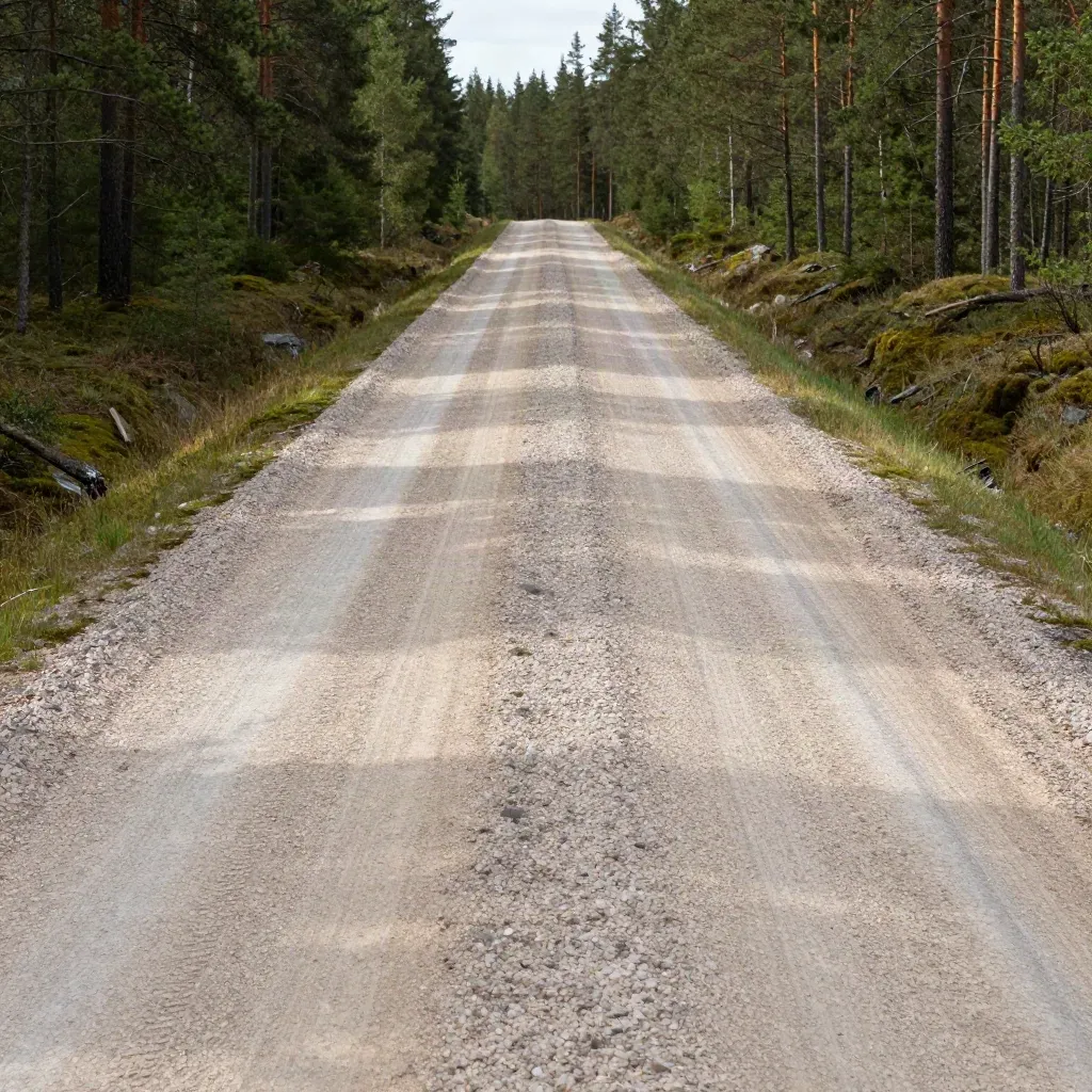 Underhållen grusväg i Västerbotten med jämn yta, rena diken och stilla sommarhaze.
