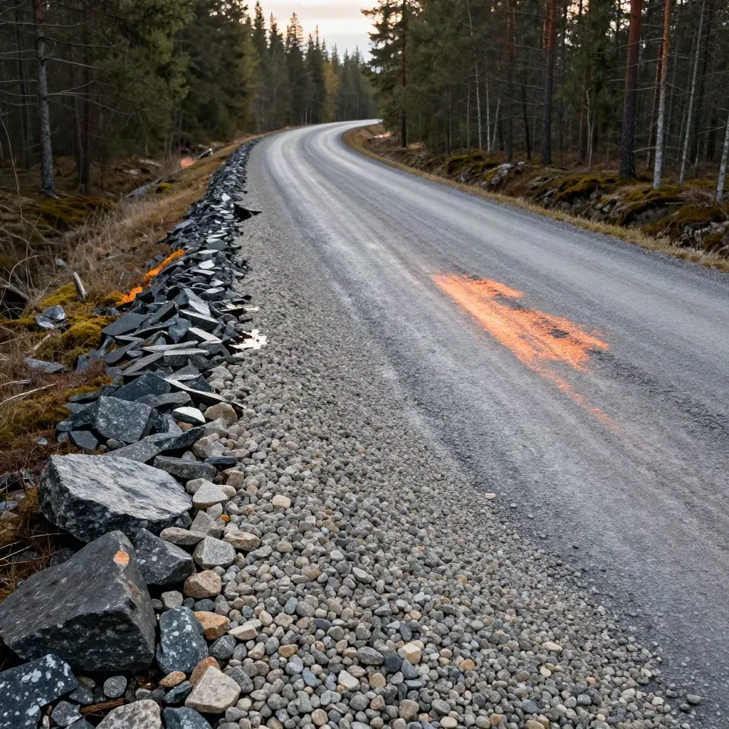 Återlagad tjällossningsskada på skogsväg med kompakterat grus och förstärkt vägren i kallt ljus.