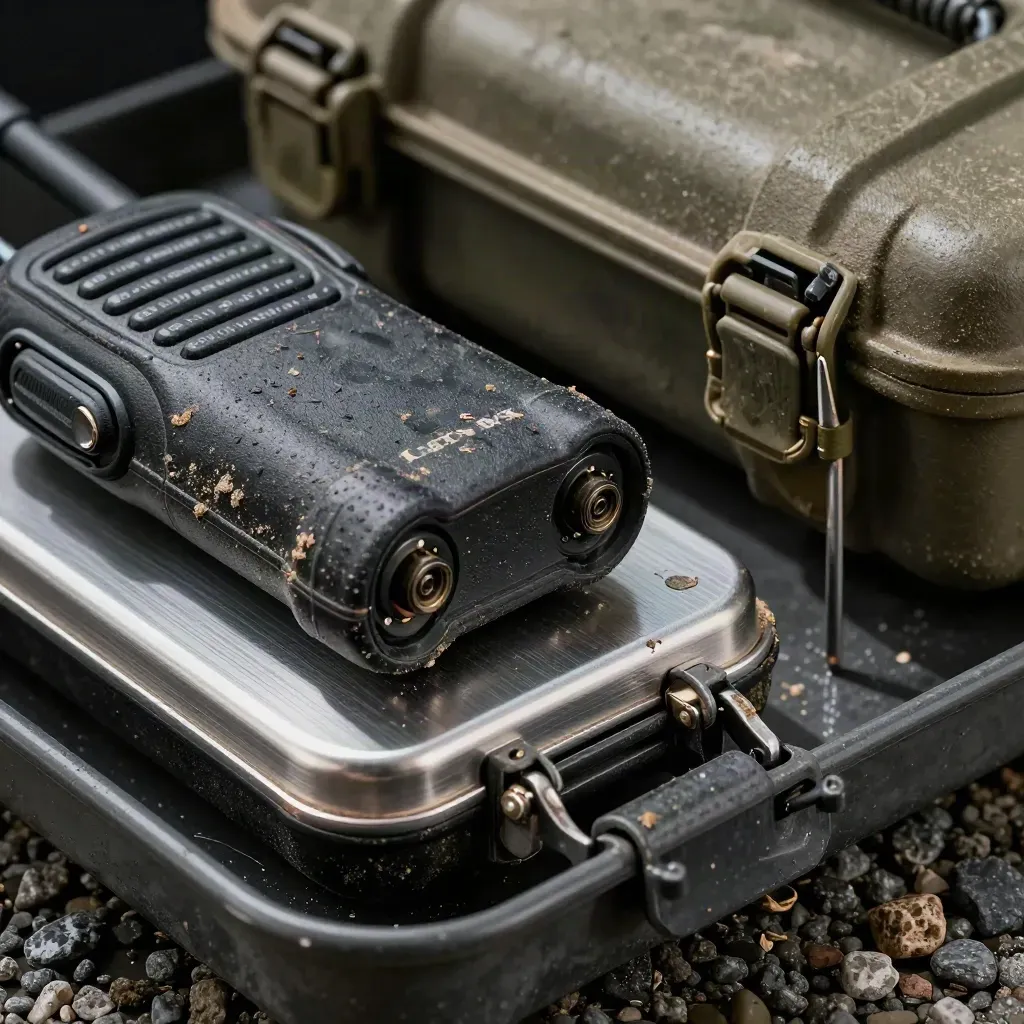 Närbild av radio, batteri och märkpinnen på ett smutsigt flak vid skogsarbete