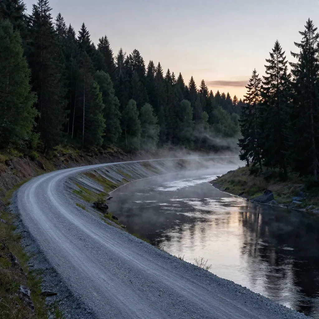 Västerbottens inlandsvall med grusväg på höjd och silverglittrande älv i blå timme.