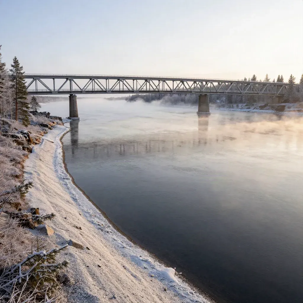 Fjärran bro över älv i Norrbotten, morgondimma och mjukt solljus.