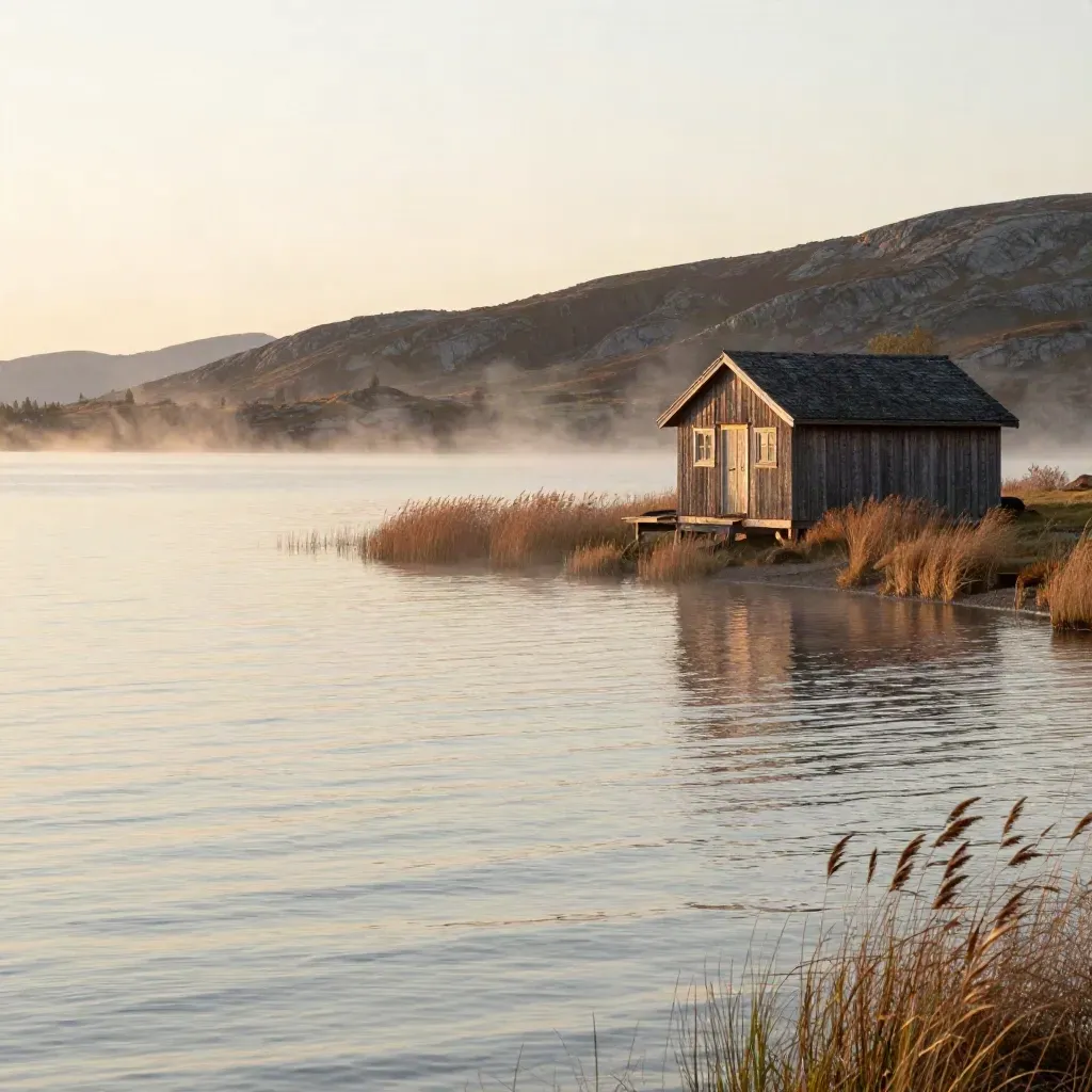 Timmerbåthus vid Jämtlands fjällsjö i varm solnedgång, stilla vatten och dimmig horisont.