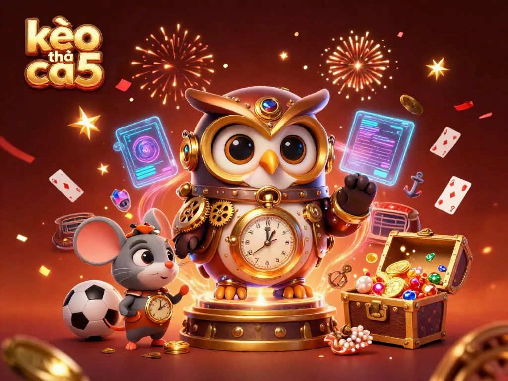 Experience thrilling sports betting action with kèo nhà cái 5, featuring cartoon characters in a vibrant casino setting.