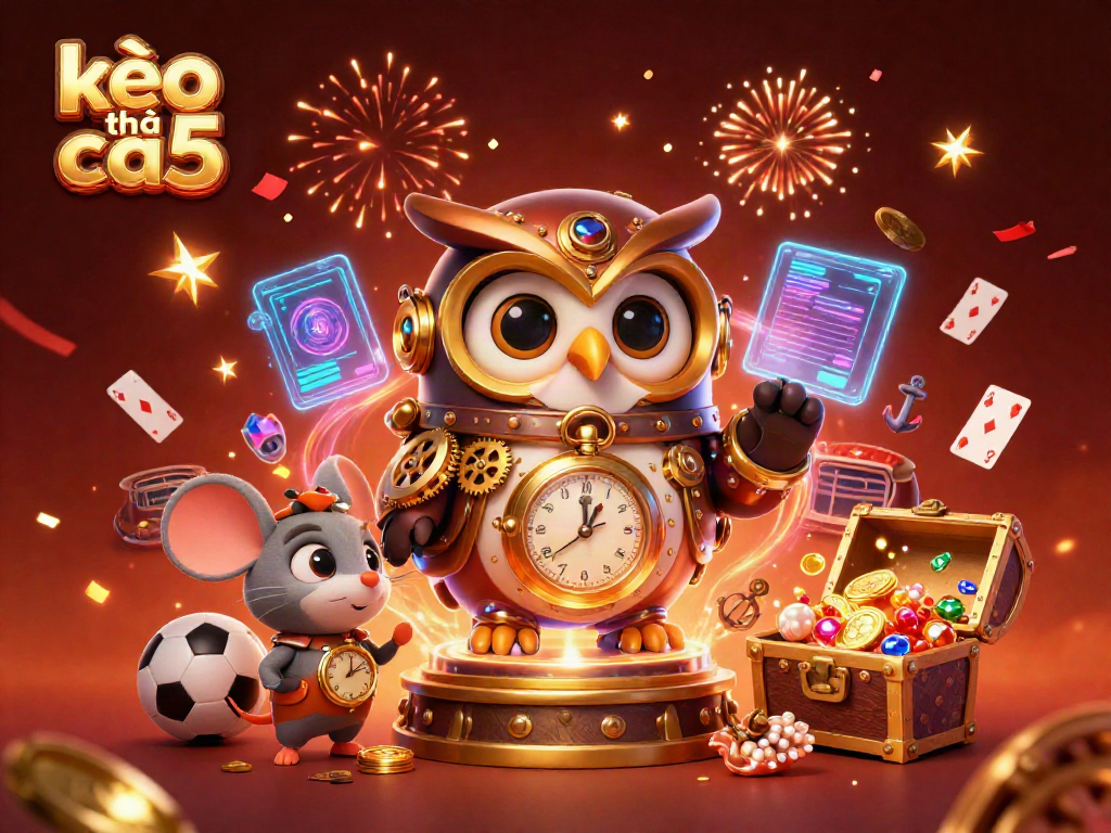 Experience thrilling sports betting action with kèo nhà cái 5, featuring cartoon characters in a vibrant casino setting.