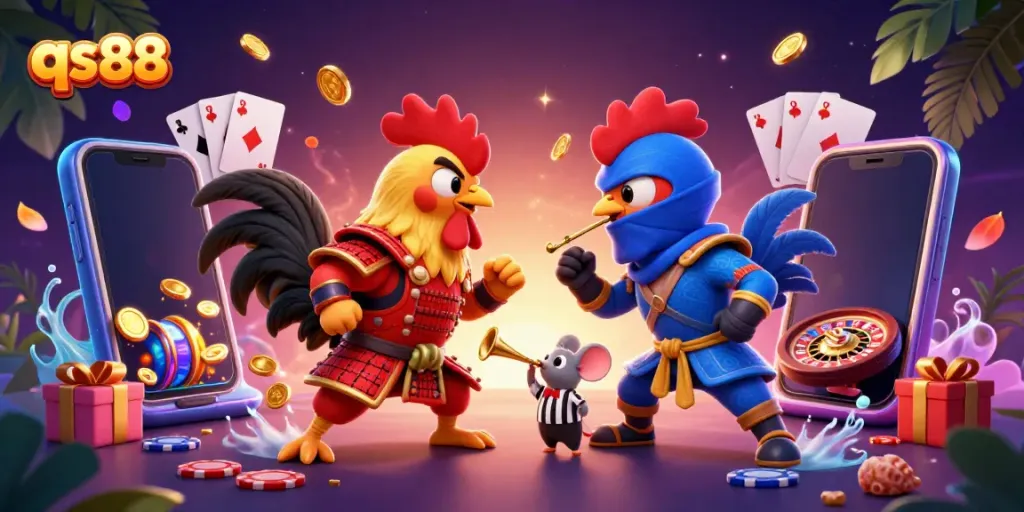 Experience thrilling match in qs88 with fighting roosters, dynamic casino elements, and vibrant visuals.