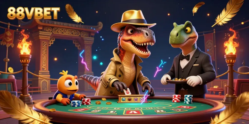 Experience the thrilling world of 88VBET at a blackjack table with colorful characters and dynamic casino action.