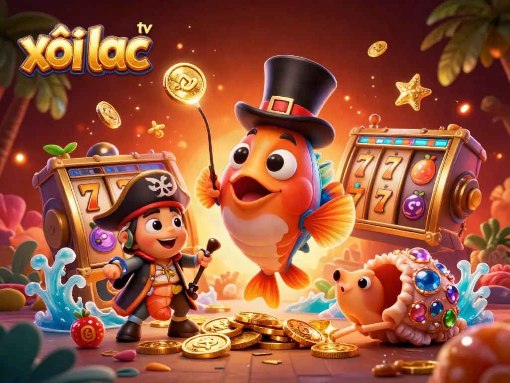 Xôi lạc tv showcases a vibrant 3D cartoon scene with energetic casino elements and underwater characters.