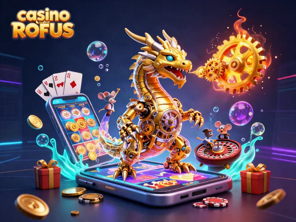 Engage with the thrilling casino uden ROFUS experience featuring a golden dragon and dynamic gaming elements.