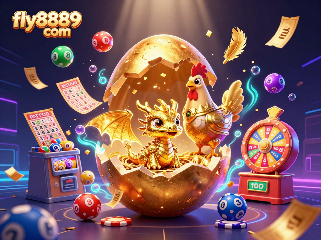 Play at fly8889 com and discover a dynamic casino scene featuring a golden dragon, poker chips, and colorful lottery balls.