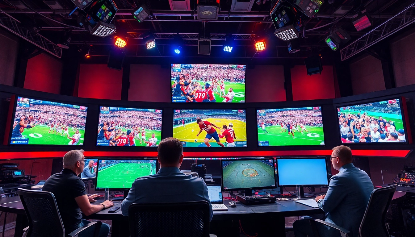 Engaging sports broadcasting studio featuring analysts and live game displays, illustrating Sports Broadcasting.