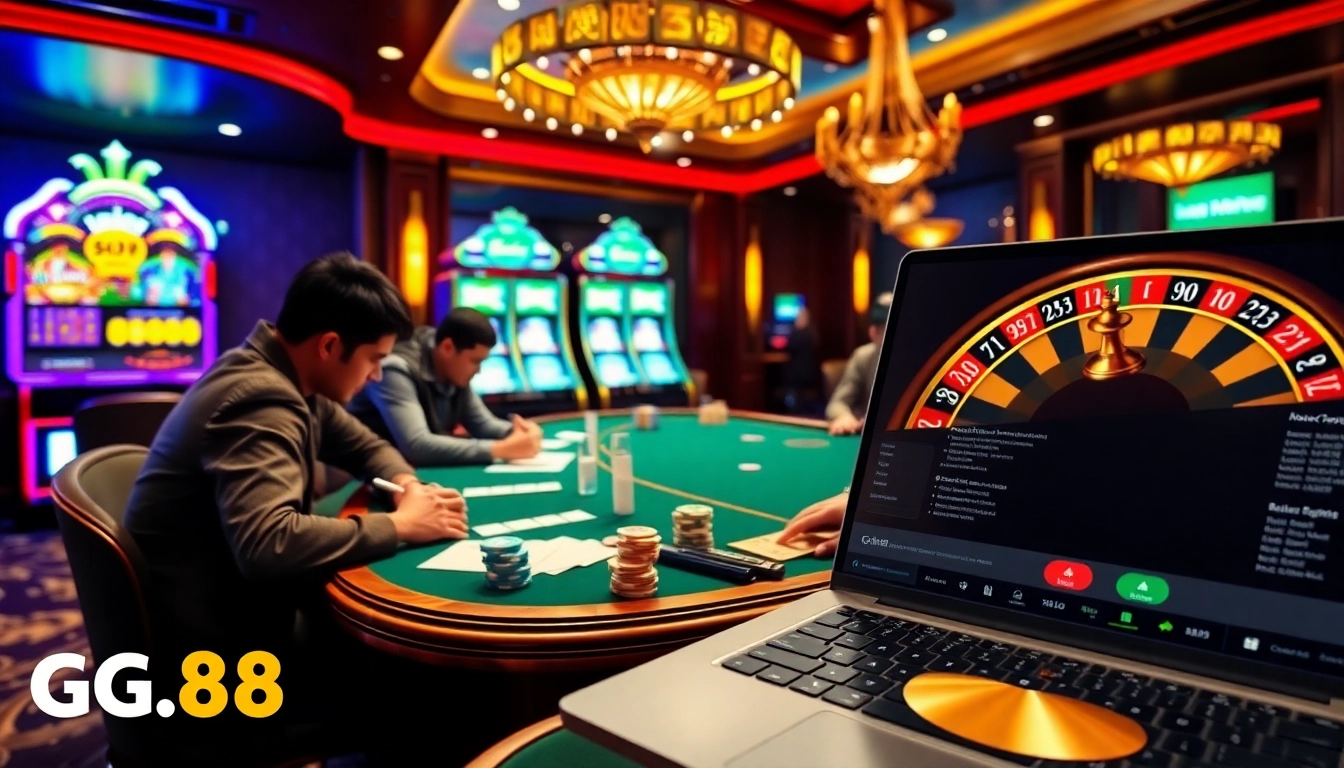 Exciting online gambling scene at gg.88 with poker chips and slot machines.