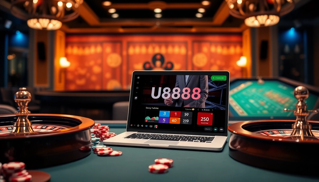 Engage with U888's sophisticated online gaming experience highlighted by poker chips and a roulette wheel.