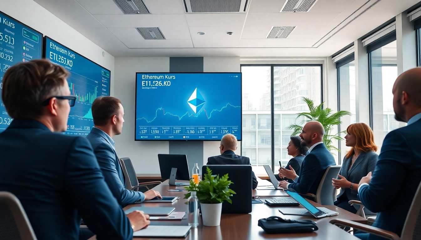 Live Ethereum kurs displayed in a modern finance office with professionals discussing cryptocurrency trends.