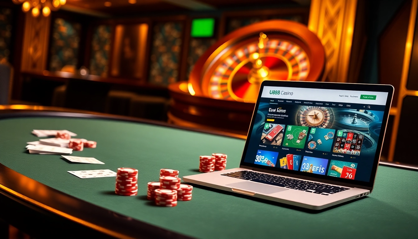 U888 casino scene featuring poker chips, cards, and a roulette wheel in a vibrant setting.