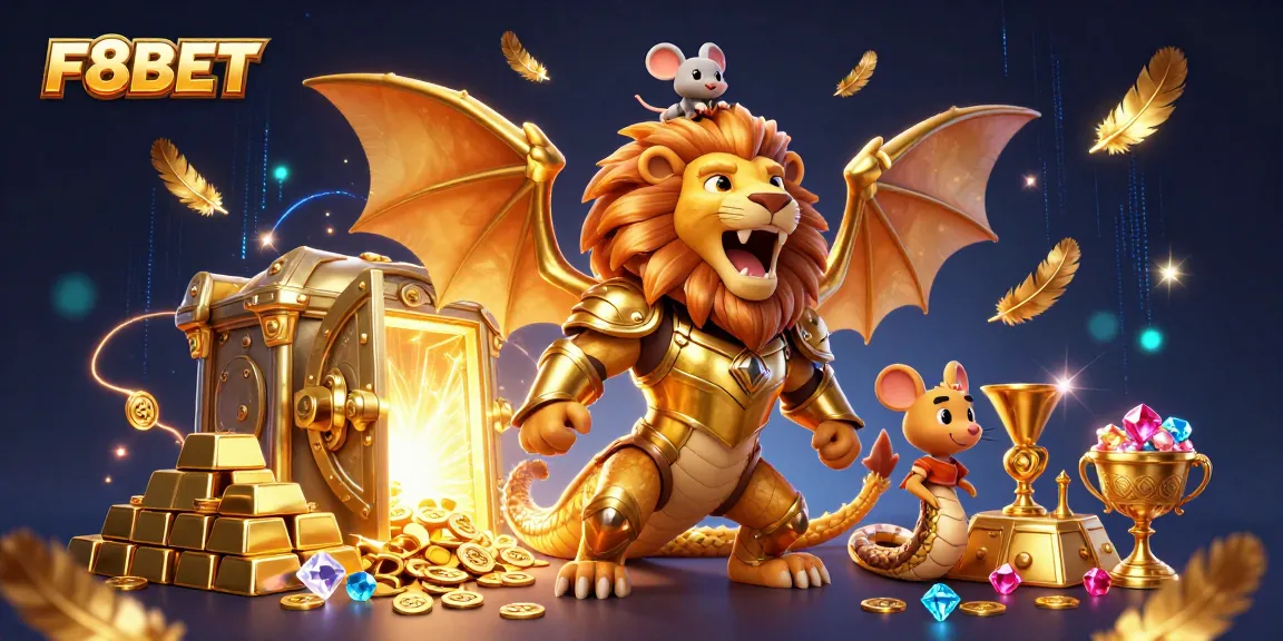 F8BET unleashes excitement with a golden chimera and treasure in a vibrant casino scene.