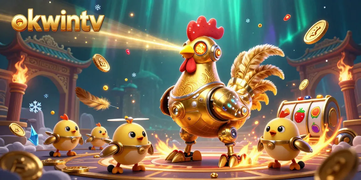 Experience seamless gameplay on okwintv with a vibrant 3D illustration of a futuristic rooster robot and chick drones amidst spinning slot reels.