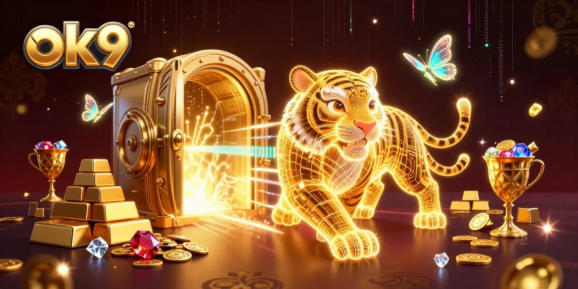 Experience the excitement of ok9 with a dazzling casino scene featuring a golden tiger and treasures.