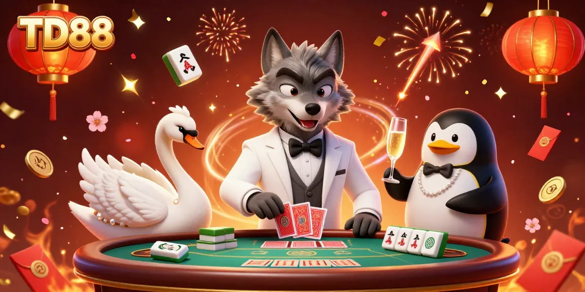 Play and win at TD88 with a lively illustration of a wolf, swan, and penguin in a vibrant casino setting.