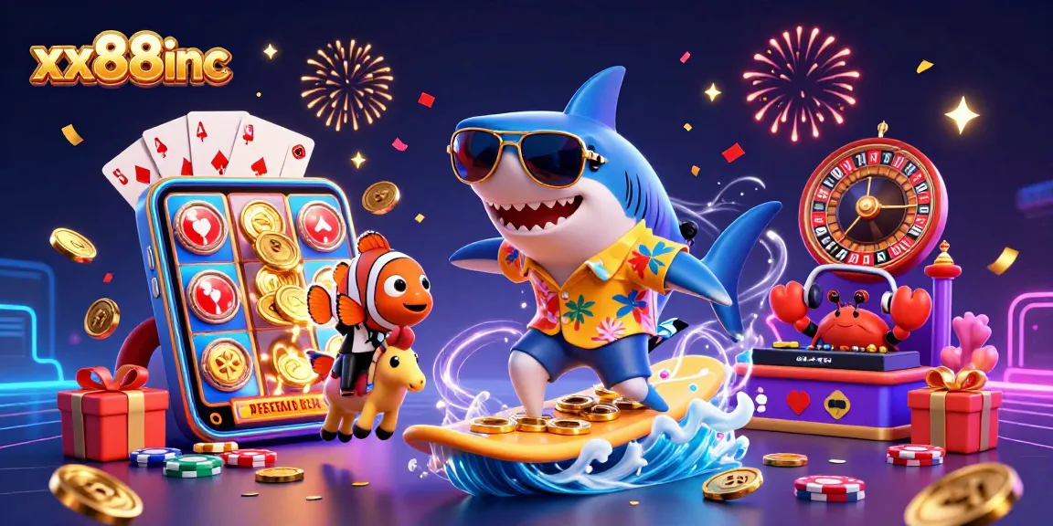 Experience excitement at xx88inc with a vibrant 3D casino scene filled with gold coins and colorful slot games.