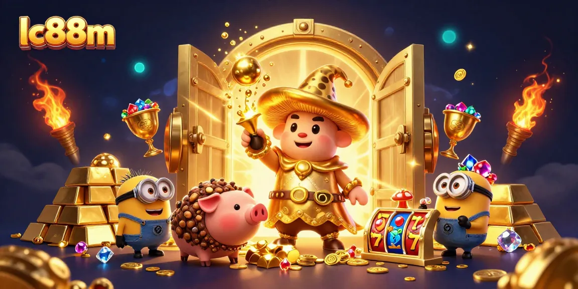 Spin for riches at lc88m's vibrant gaming scene with treasure and slot reels.