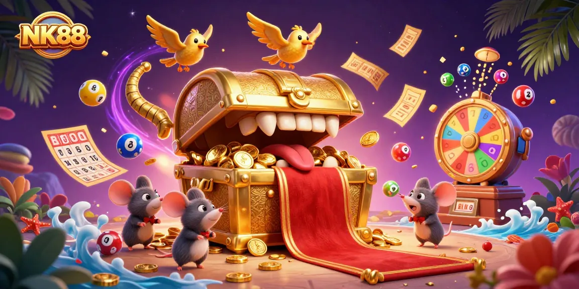 Engage with NK88's thrilling lottery and casino elements in a vibrant 3D illustration.