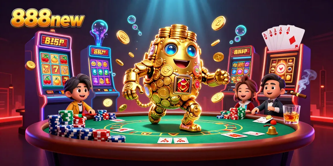 Spin and win big at 888new, featuring an extravagant golden golem amidst vibrant slot symbols and casino action.